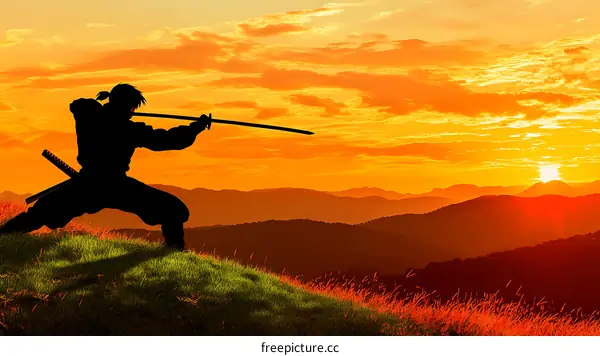 Silhouette of a Ninja at Sunrise over Mountains