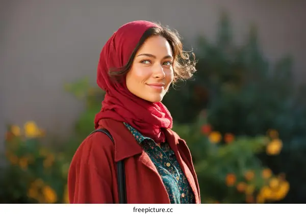 Smiling Woman in a Red Hijab Outdoors