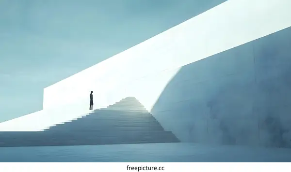 Man Standing on the Stairs, Leading Up to a White Wall