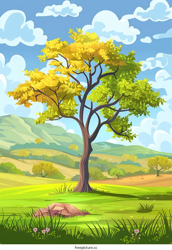Cartoon Illustration of a Green Meadow with a Tree and Blue Sky
