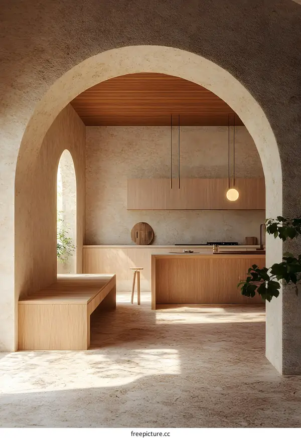 Minimalist Kitchen Interior Design with Archway and Wooden Accents
