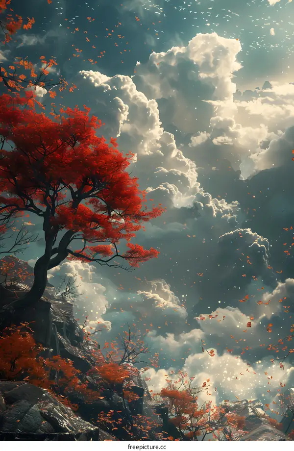 Red leaves flying in the autumn forest