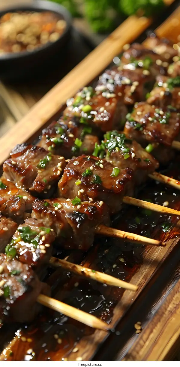 Beef satay with sesame seeds and scallions