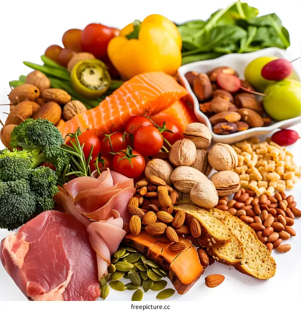 Healthy Diet Food Composition with Salmon, Meat, Vegetables, Nuts and Bread