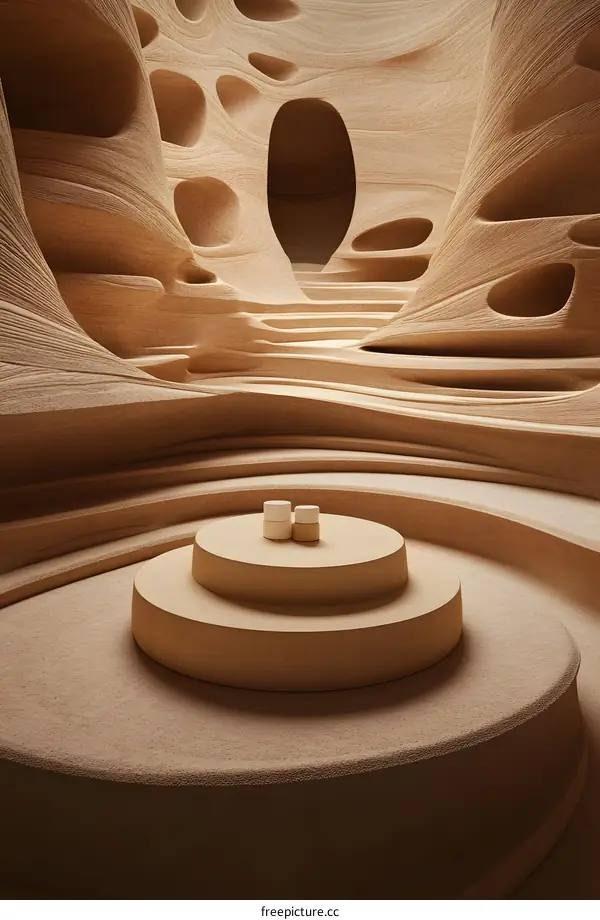 Abstract Brown Sand Cave with Three White Cylinders