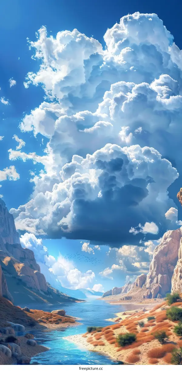 River flowing through a canyon with a large white cloud above