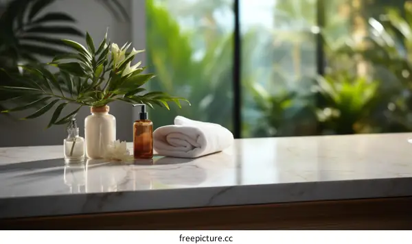 Luxury white marble countertop in modern bathroom with green plant, towel, and toiletries