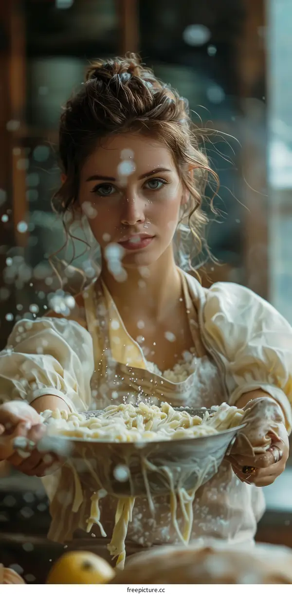 pasta chef tossing pasta in colander