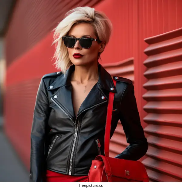 A blonde woman in a red dress and black leather jacket poses in front of a red wall