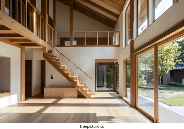 Modern Wooden Staircase Design In Open Concept Home Interior