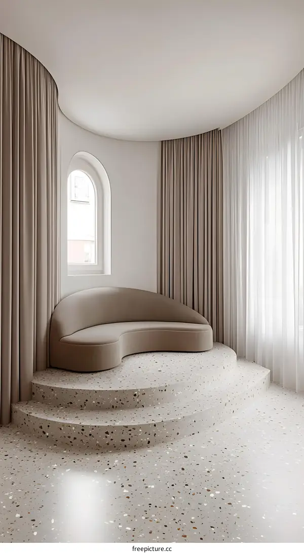 Modern Interior Design with Curved Sofa and Terrazzo Flooring