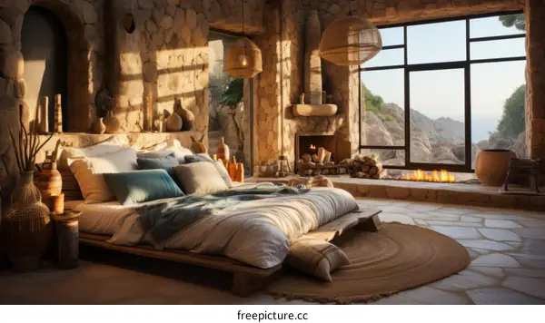 Stone house interior with a fireplace and a view of the sea