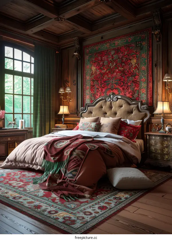 Cozy Bedroom Interior with Vintage Tapestry