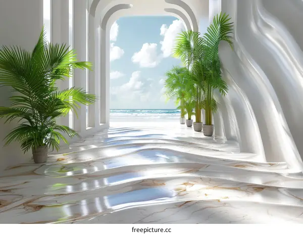 White Archway Interior With Palm Trees And Ocean View