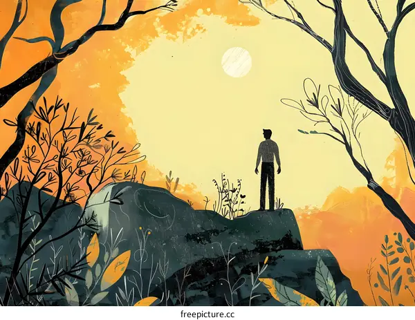 Silhouette of a Man Standing on a Cliff Overlooking the Sunset