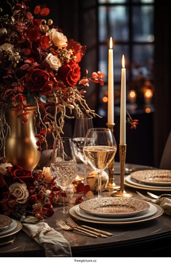 Elegant Christmas table setting with red and gold decorations