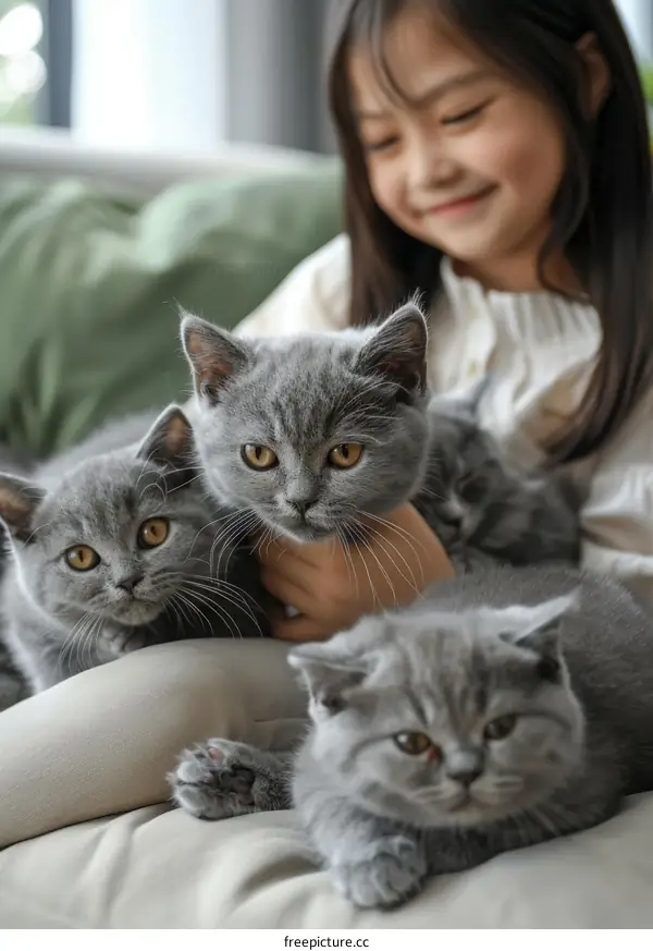 A young girl is playing with three British shorthair kittens on a couch.