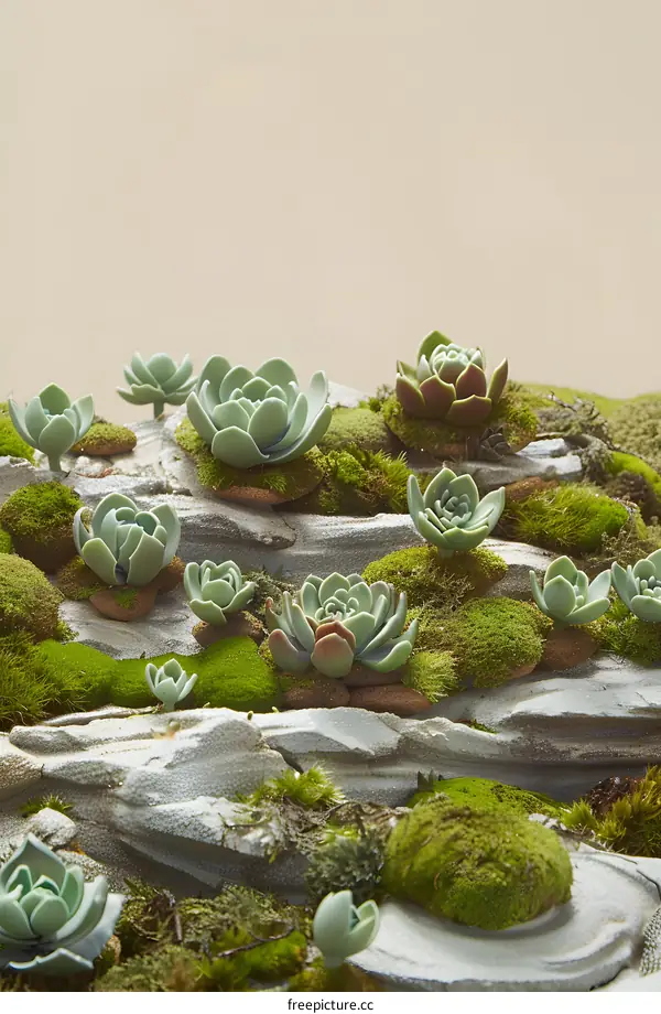 Green Succulents On A Mossy Rock Formation