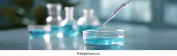 Laboratory experiment with blue liquid and petri dish