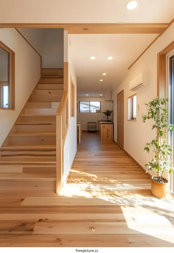 Wooden Staircase and Hallway with Sunlight