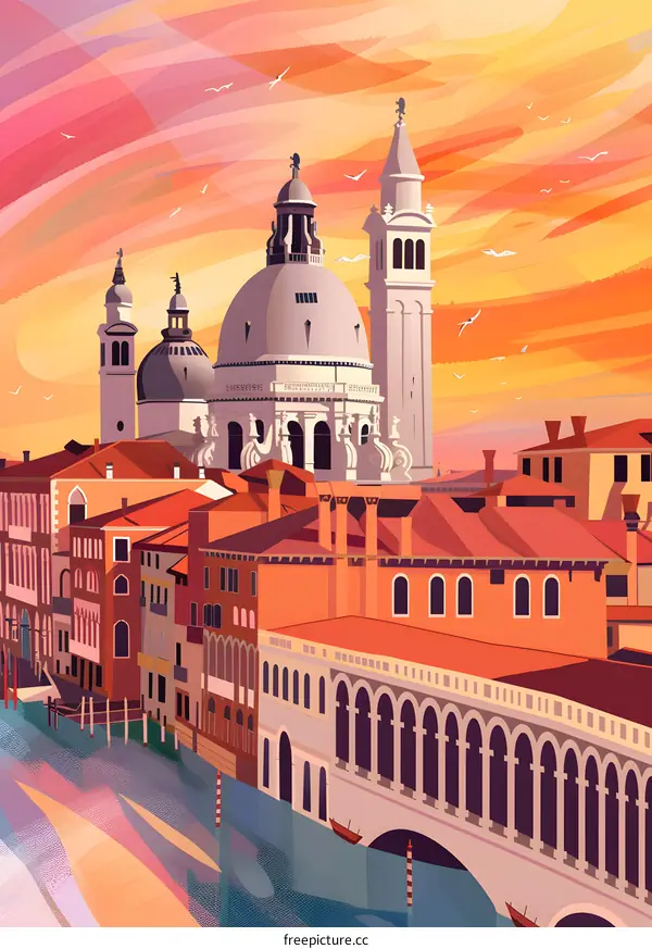 Sunset View of Venice with Buildings and Bridge