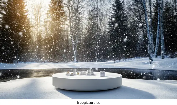 Winter Scene with Round Table in Snowy Landscape