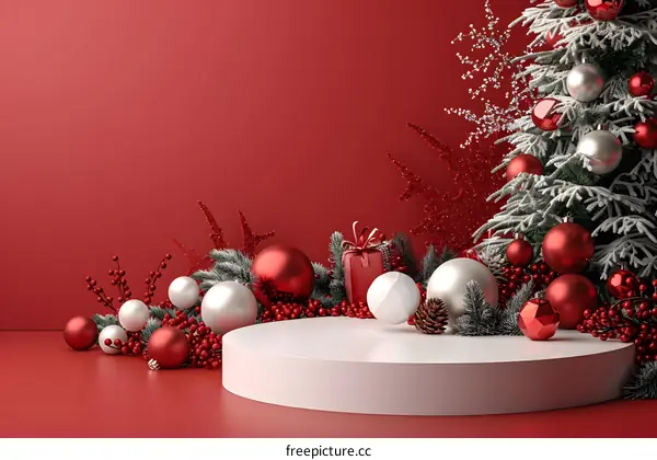 Christmas Red Background With White Podium