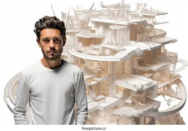 An illustration of a man standing in front of a large, complex structure.