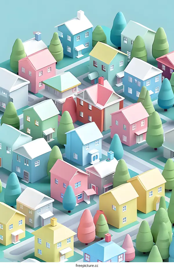 Colorful 3D Illustration of a Small Town with Houses and Trees