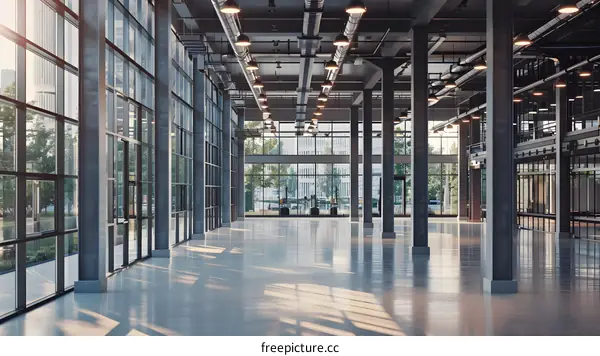Empty Industrial Warehouse Interior With Large Windows and Steel Columns