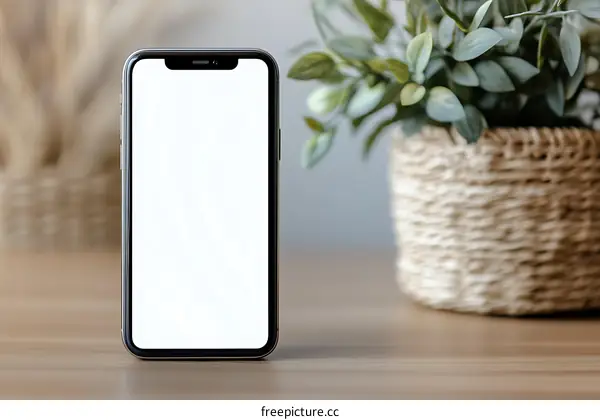 White Screen Smartphone Mockup on Wooden Table