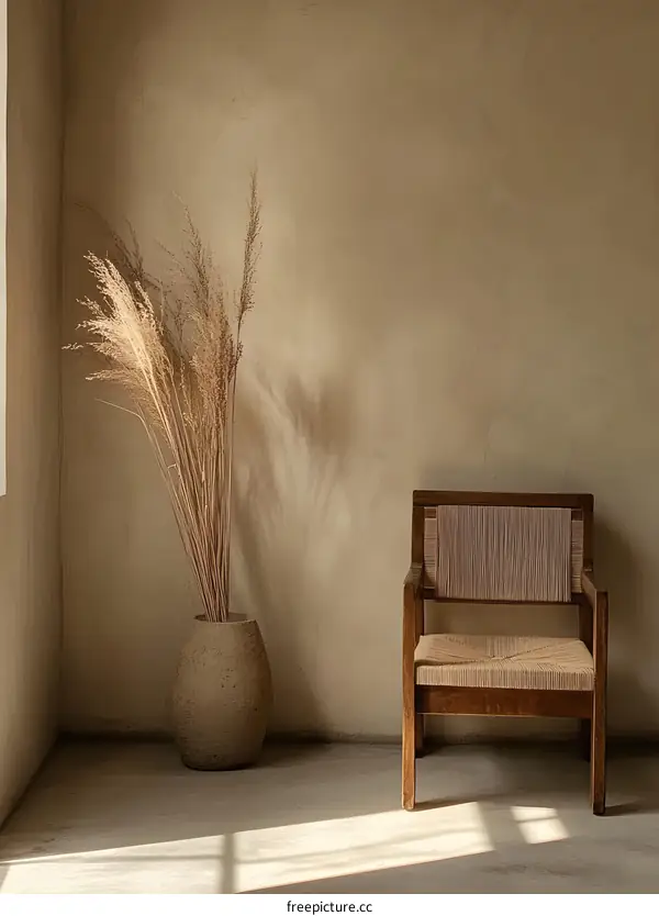 Minimalist Interior Design with Wooden Chair and Dried Grass Arrangement
