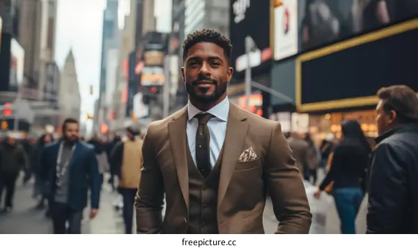 A well-dressed man standing in the middle of a busy city street