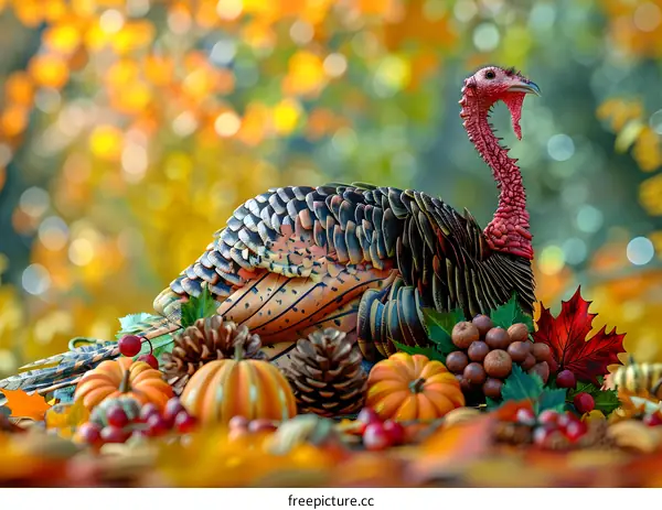 A Thanksgiving turkey sits on a table surrounded by pumpkins and gourds.