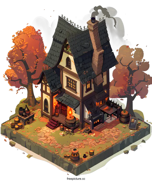 [Transparent Background PNG]Isometric Illustration of a Medieval House with a Black Roof