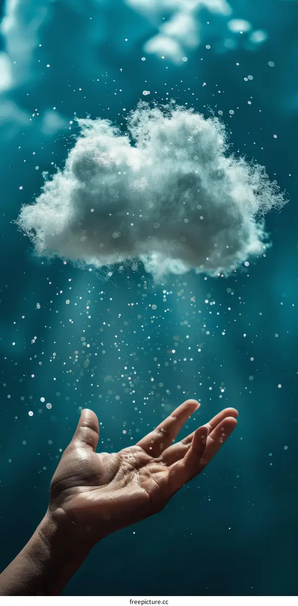 Hand holding a rain cloud with falling water drops