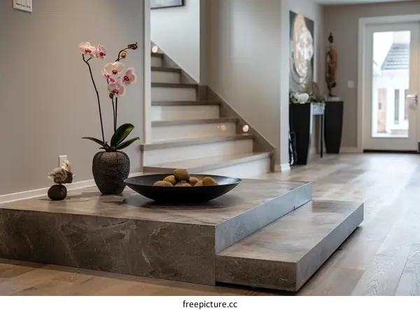 A modern home with a beautiful orchid on display