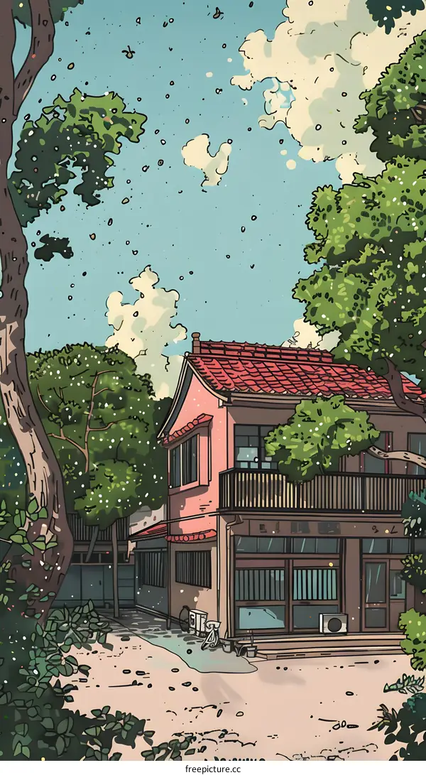Illustrated Landscape of a Small Japanese House with a Red Roof and Surrounding Greenery