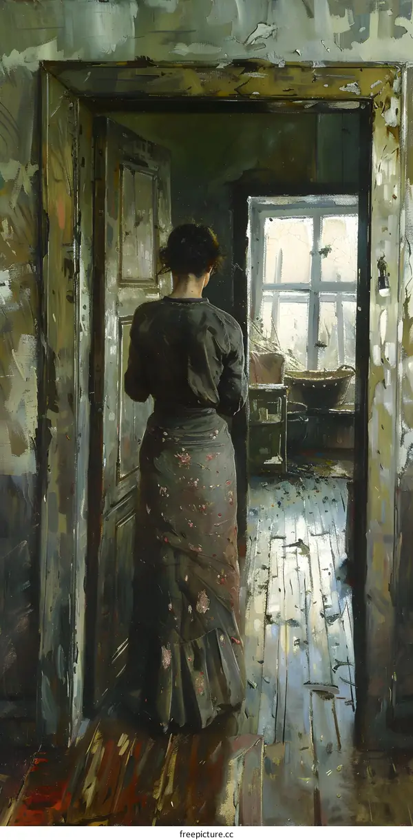 A woman standing in a doorway looking out at the snow