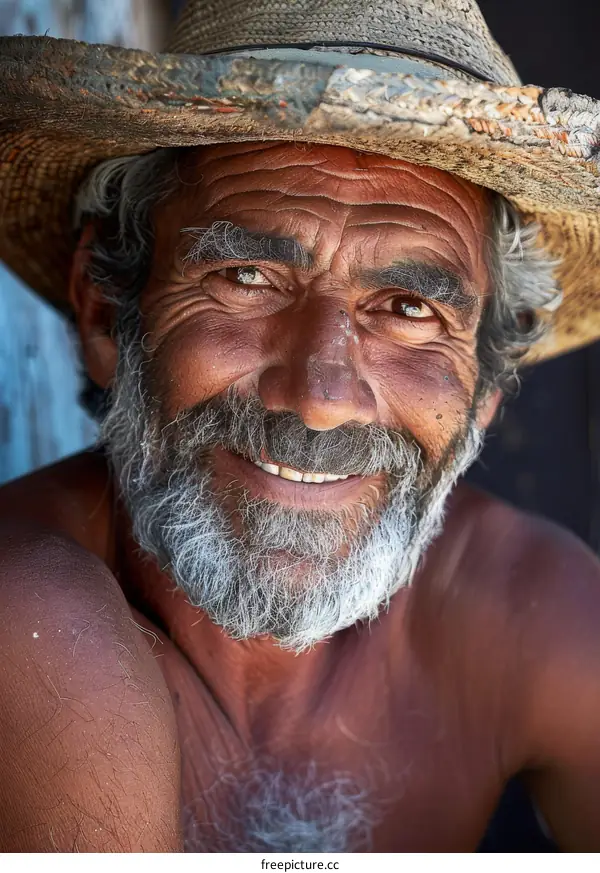 Portrait of a Smiling Senior Man in a Straw Hat