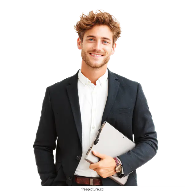 [Transparent Background PNG]Confident Businessman Holding a Laptop