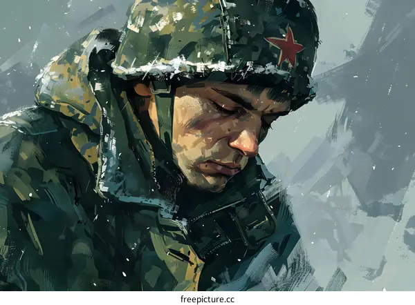 Portrait of a soldier wearing a camouflage helmet