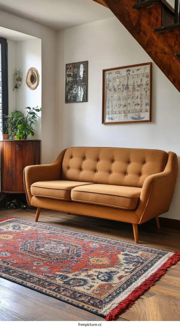 Vintage Living Room Interior with Orange Sofa and Rug