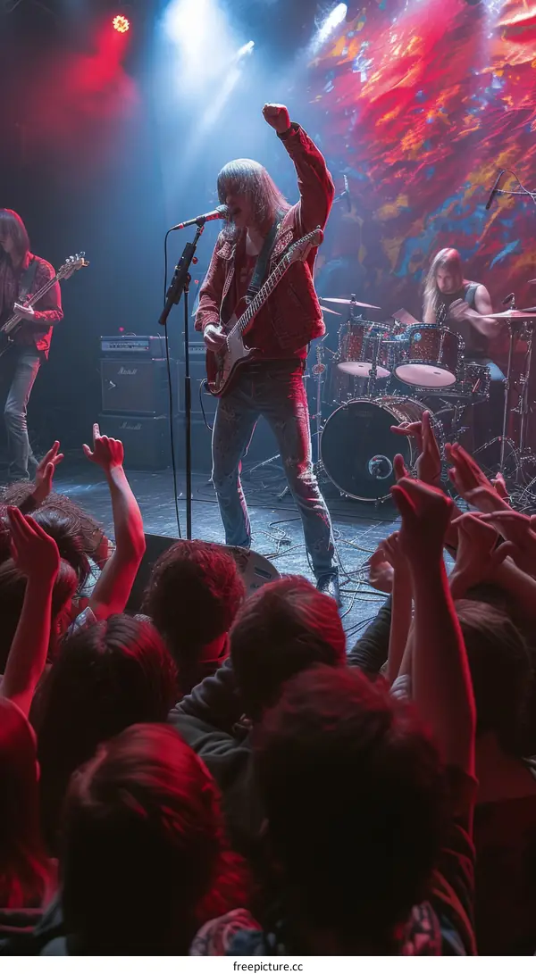 Rock concert with long haired lead singer in red jacket and blue jeans performing on stage with bandmates in front of a cheering crowd