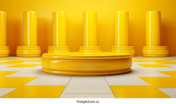 Yellow podium with columns on a chessboard floor