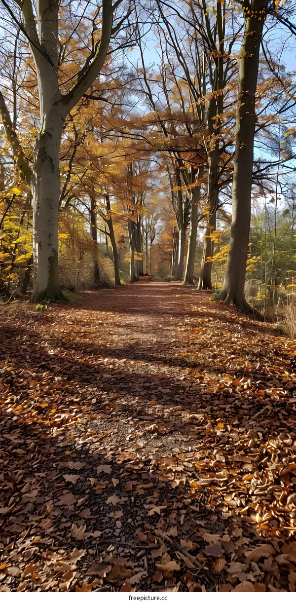Autumn Path Through Forest With Fallen Leaves