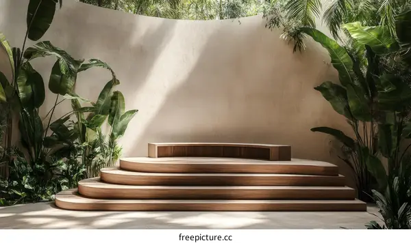 Wooden Steps Display Stage with Tropical Plants