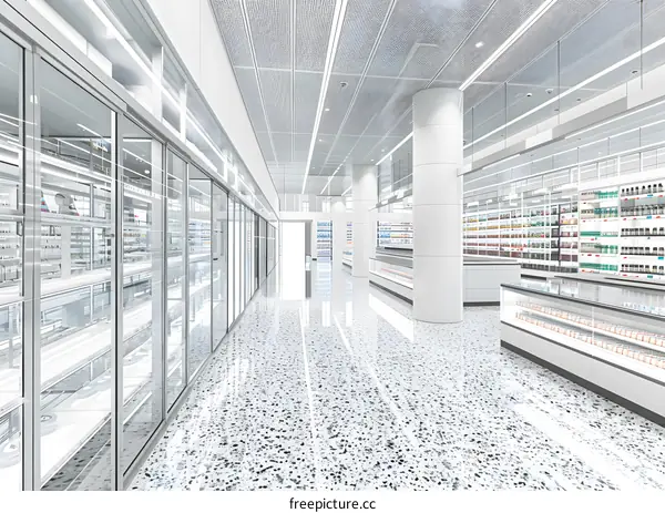 Modern Grocery Store Interior Design with White Walls and Glass Display Cases