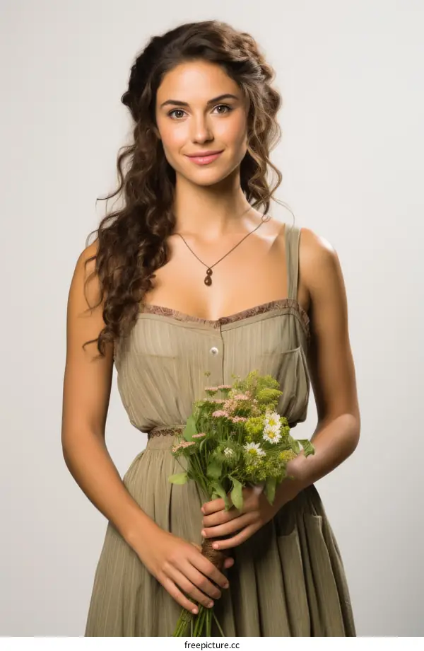 portrait of a beautiful young woman in a green dress holding a bouquet of flowers
