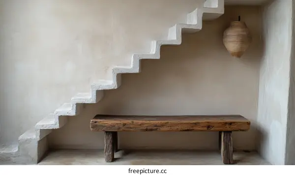 Minimalist Staircase with Rustic Bench